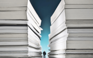 Man standing between stacks of paper 10x his size 