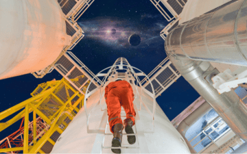 Maintenance worker walking up ladder with universe at his head 