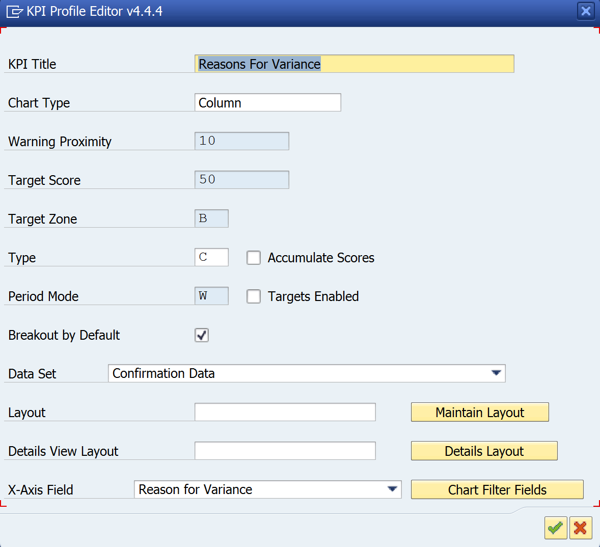 Reasons for variance in KPI profile editor