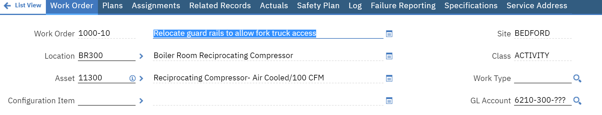 Work Order Tab in IBM Maximo