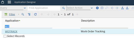 Searching for the WOTRACK Application in IBM Maximo