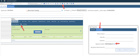 Navigating to the Advanced settings on the Tab Properties section of IBM Maximo