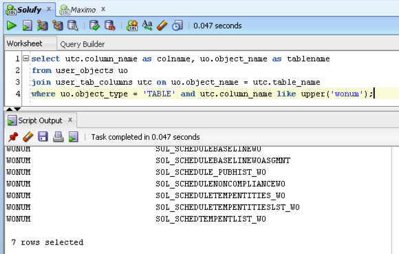 IBM Maximo Find Columns Search Results