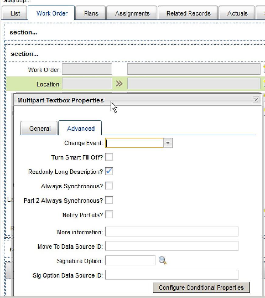 Maximo CMMS Data Entry Advanced Properties