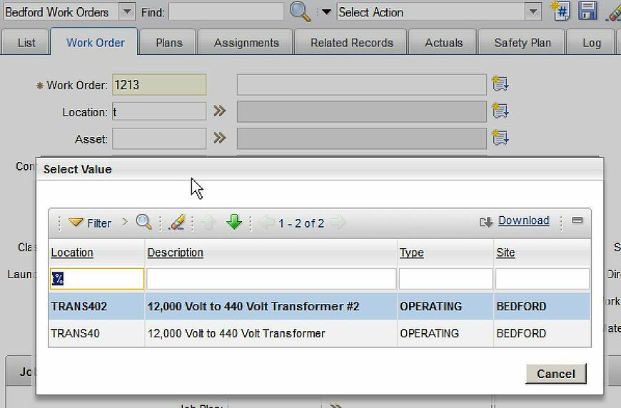 Maximo CMMS Select Value Dialog