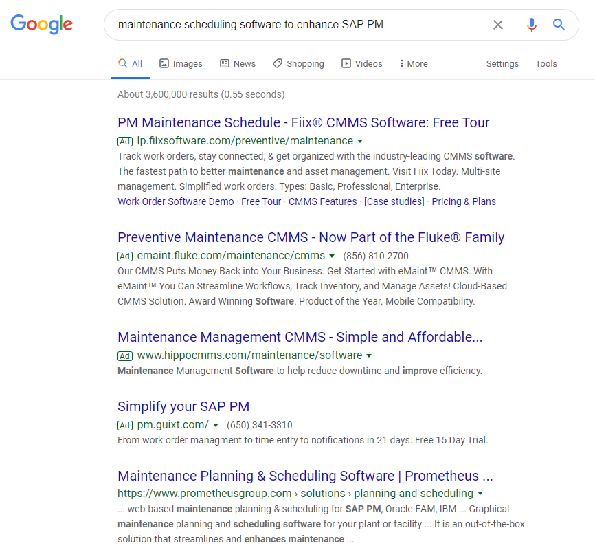 Maintenance scheduling software search result page