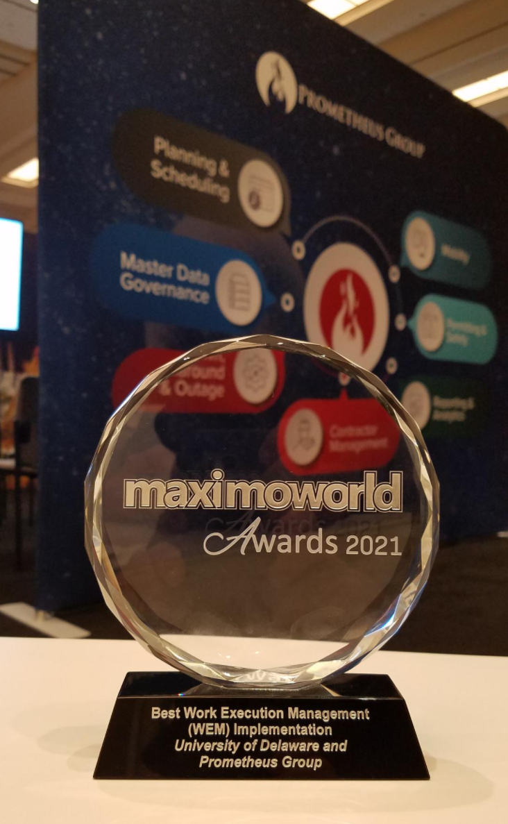 Prometheus Group's trophy for best work execution management implementation from MaximoWorld