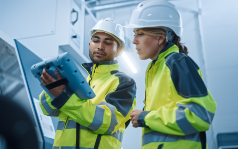 Two maintenance technicians reviewing analytics on a mobile device