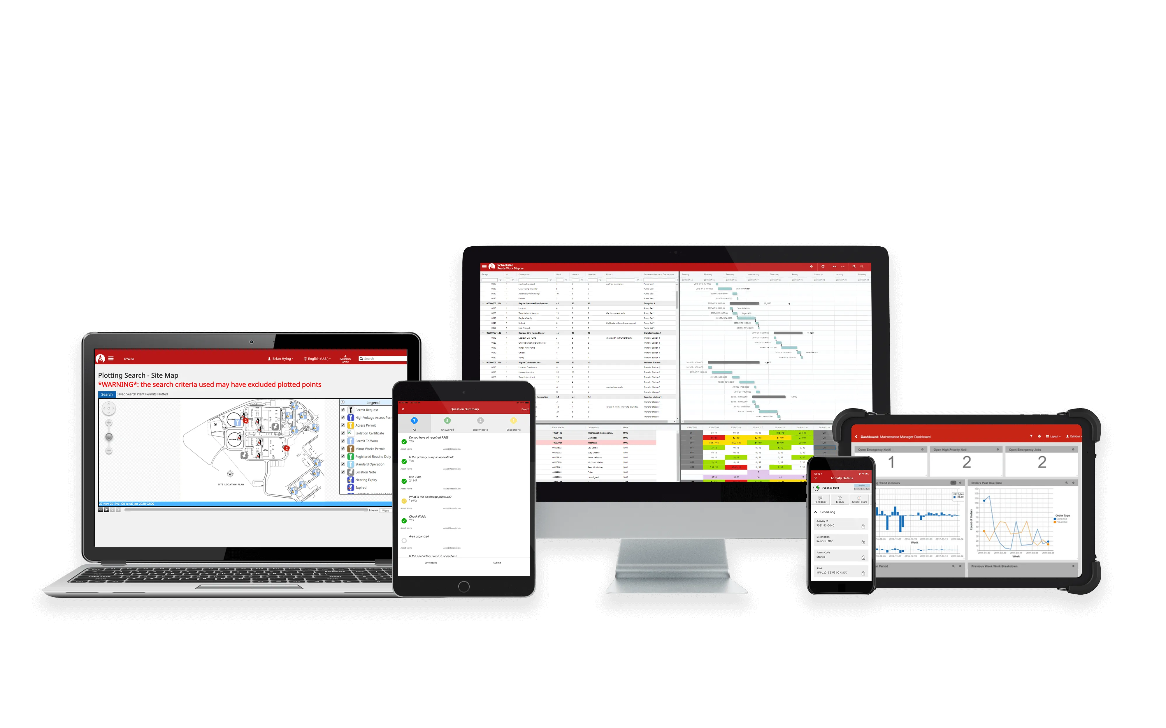 Image of 5 devices: laptop, monitor, phone, iPad, rugged tablet to represent the Prometheus platform and it's ability to be used across all devices. Each has screenshots of the software product suite.